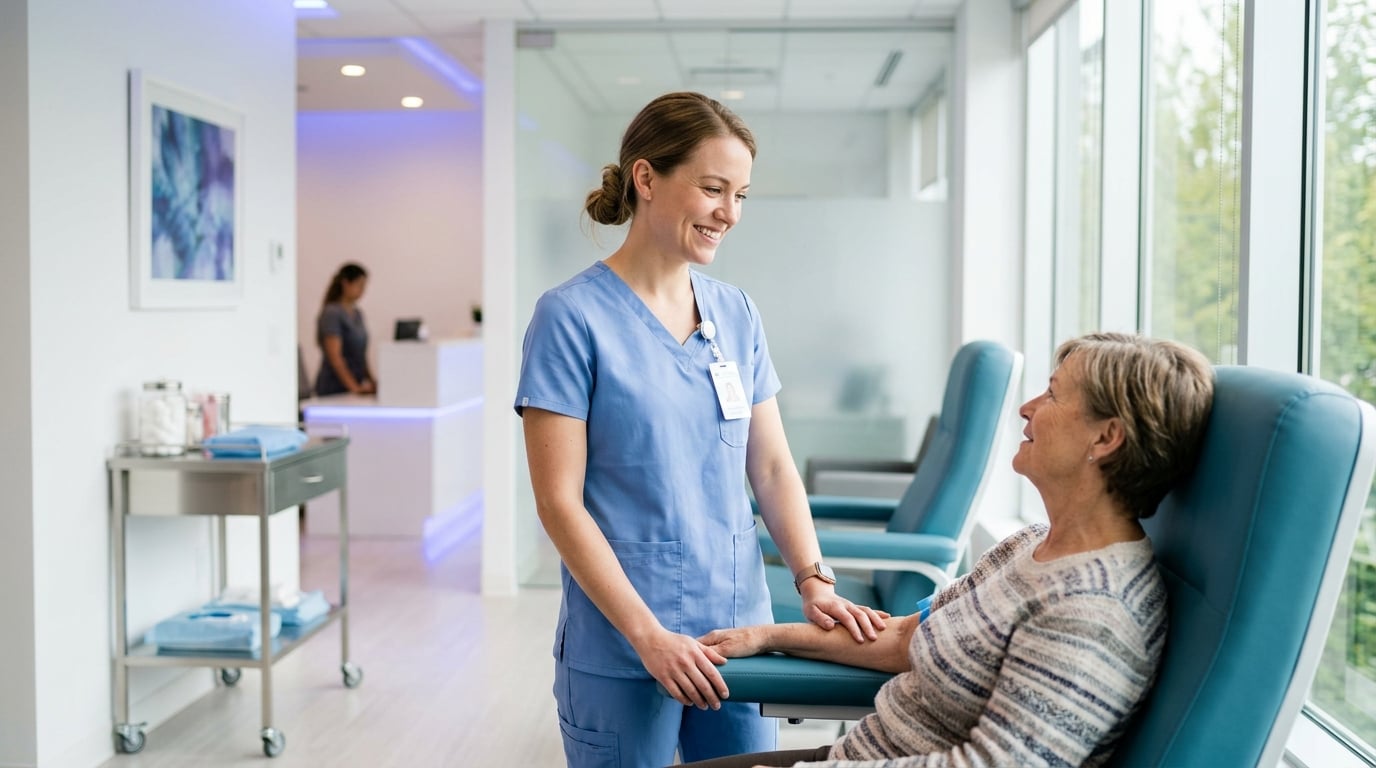A friendly clinician with a patient in a bright modern clinic