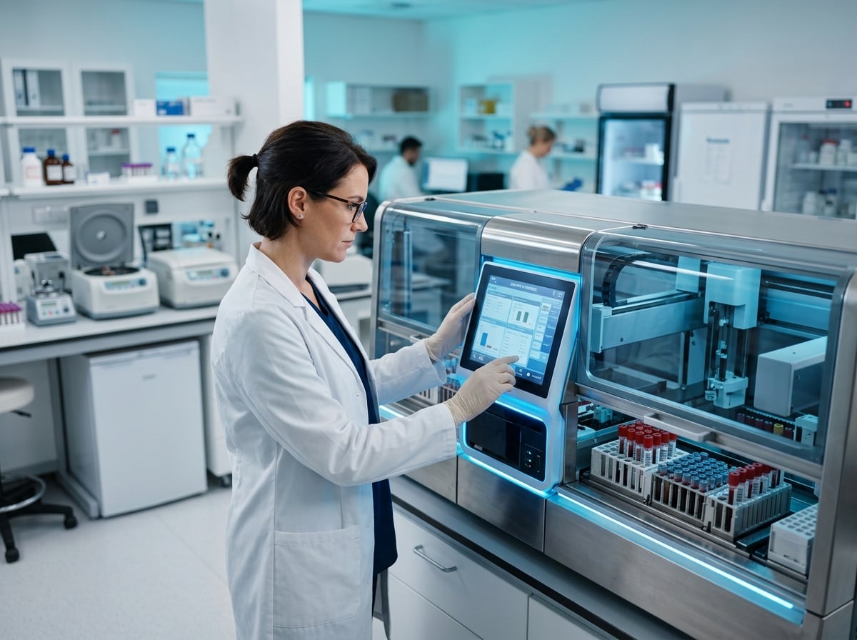 Laboratory scientist operating a modern automated blood-analysis machine