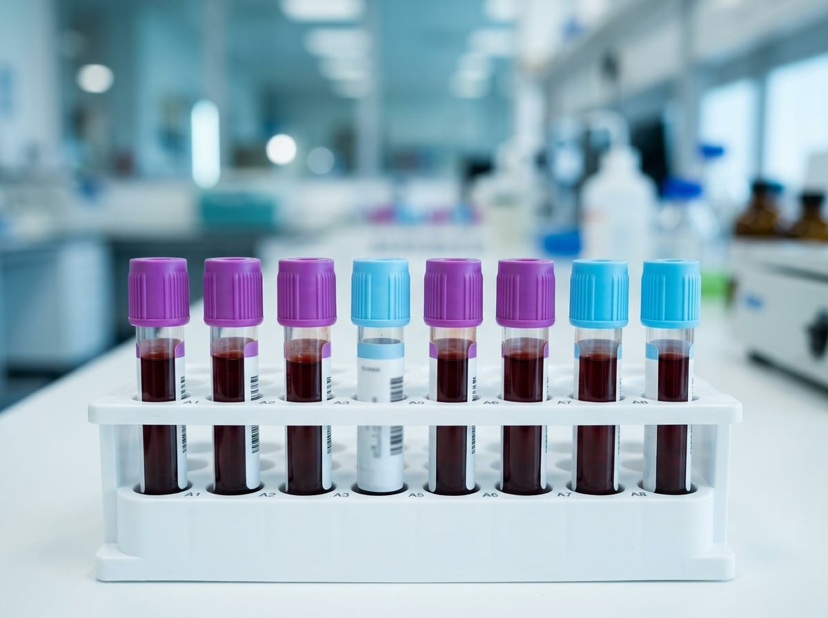 A tidy row of labelled blood sample vials in a laboratory rack